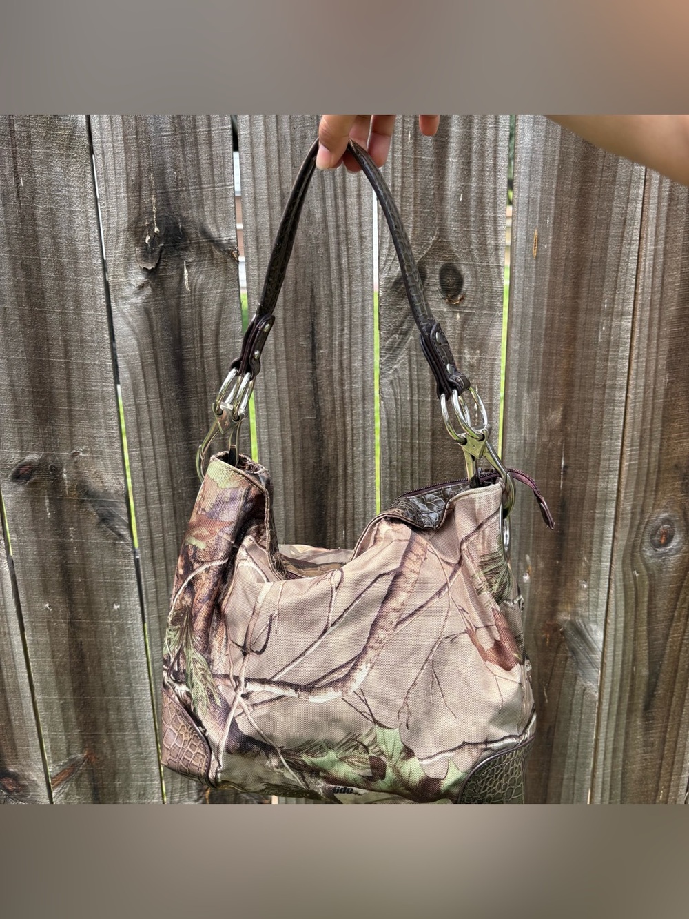 Camo Print Shoulder Bag with Brown Handles